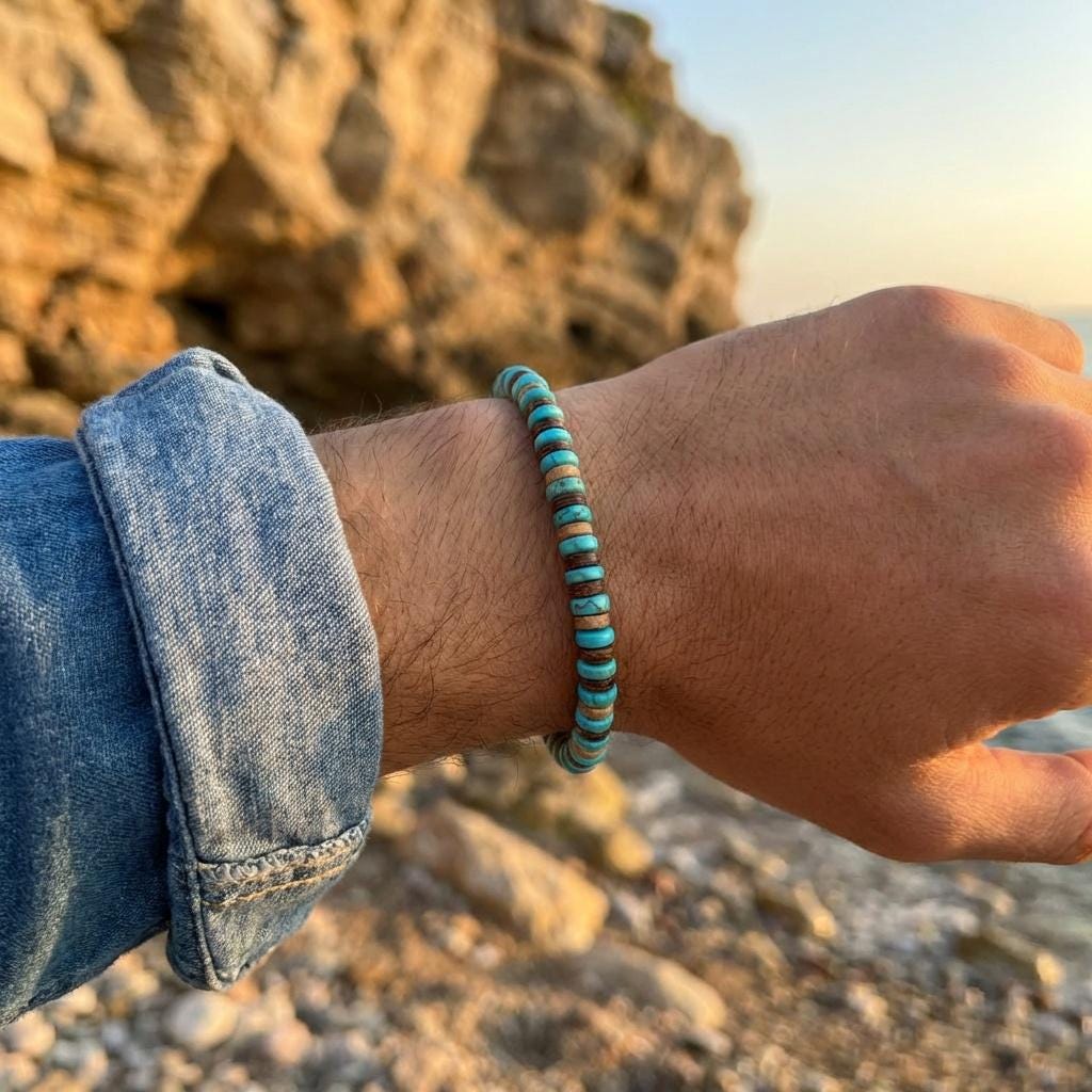 Men’s beach bracelet with blue stone beads and shell accents