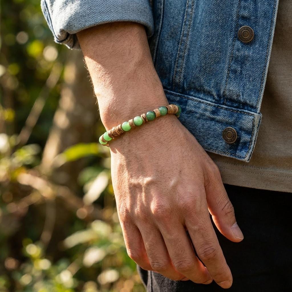 Men wearing earthy green stone bracelet outdoors