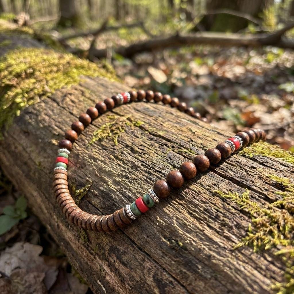 Coconut Shell and Wood Bead Cord Necklace