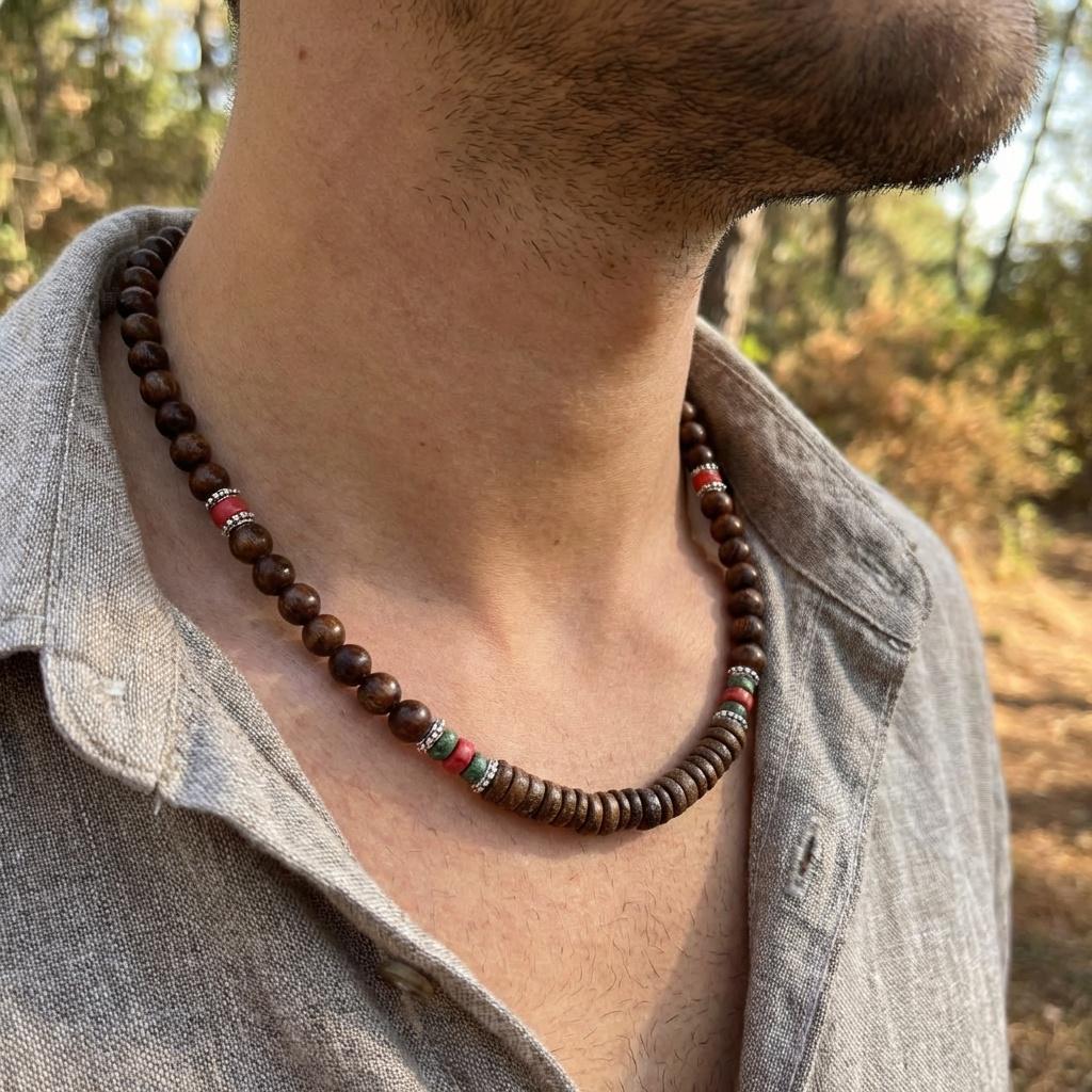 Coconut Shell and Wood Bead Cord Necklace