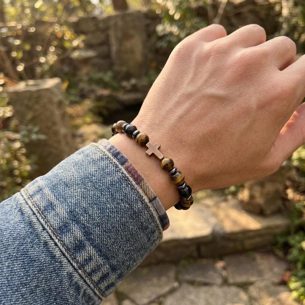 Tiger's Eye Cross Bead Bracelet