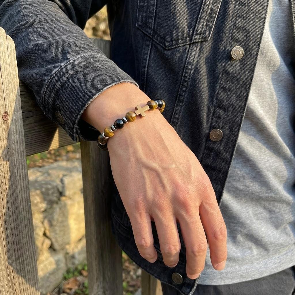 Tiger's Eye Cross Bead Bracelet