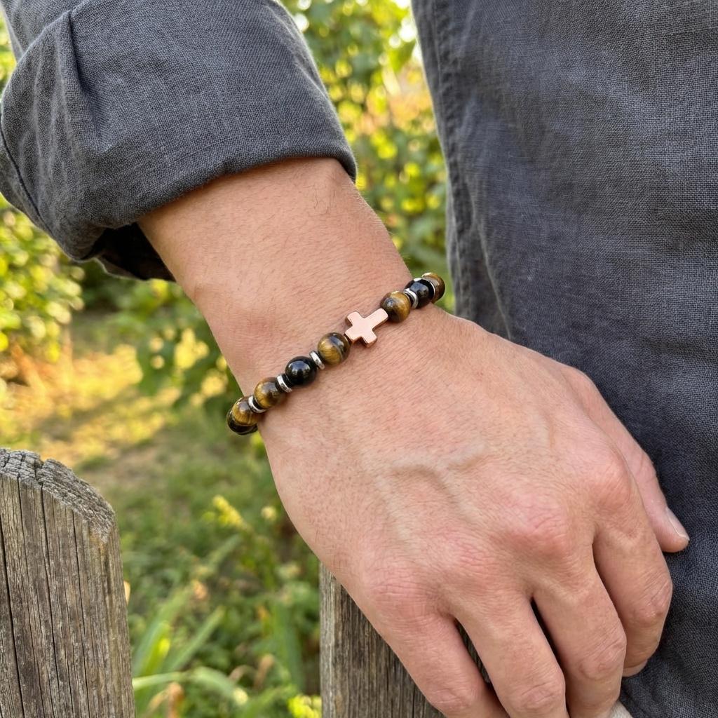 Tiger's Eye Cross Bead Bracelet