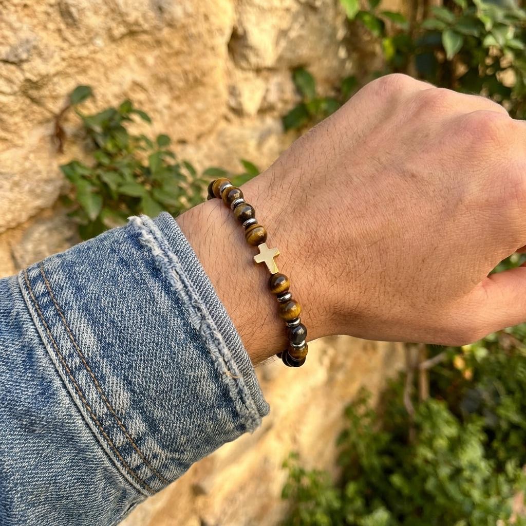 Tiger's Eye Cross Bead Bracelet