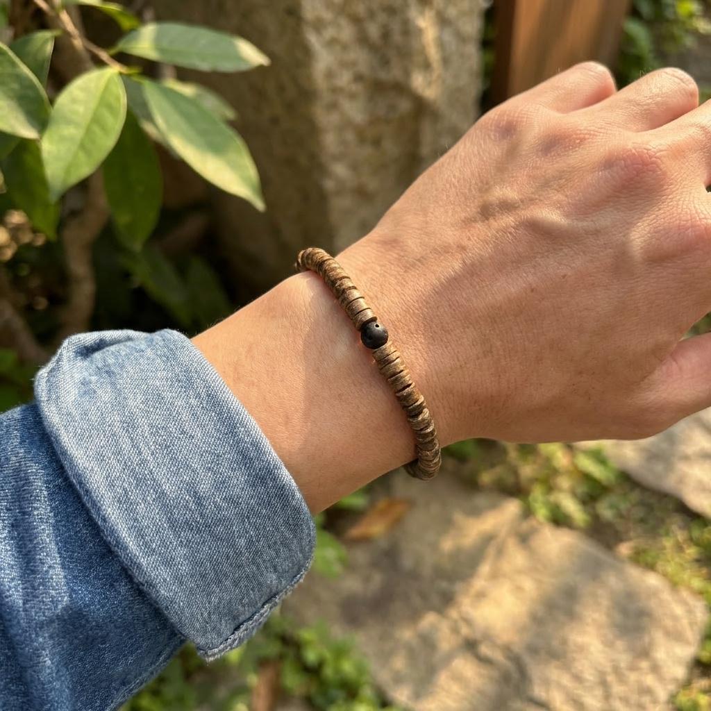 Coconut Shell and Lava Stone Bracelet