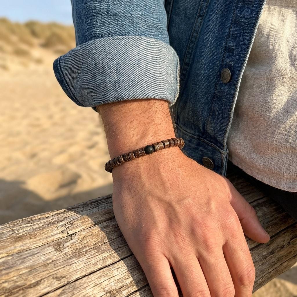 Coconut Shell and Lava Stone Bracelet