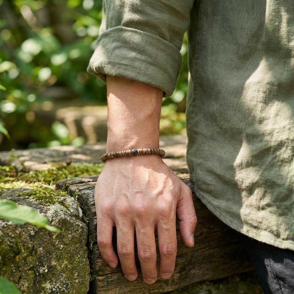 Coconut Shell and Lava Stone Bracelet