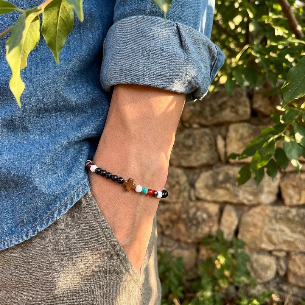 Black Stone Cross Bracelet