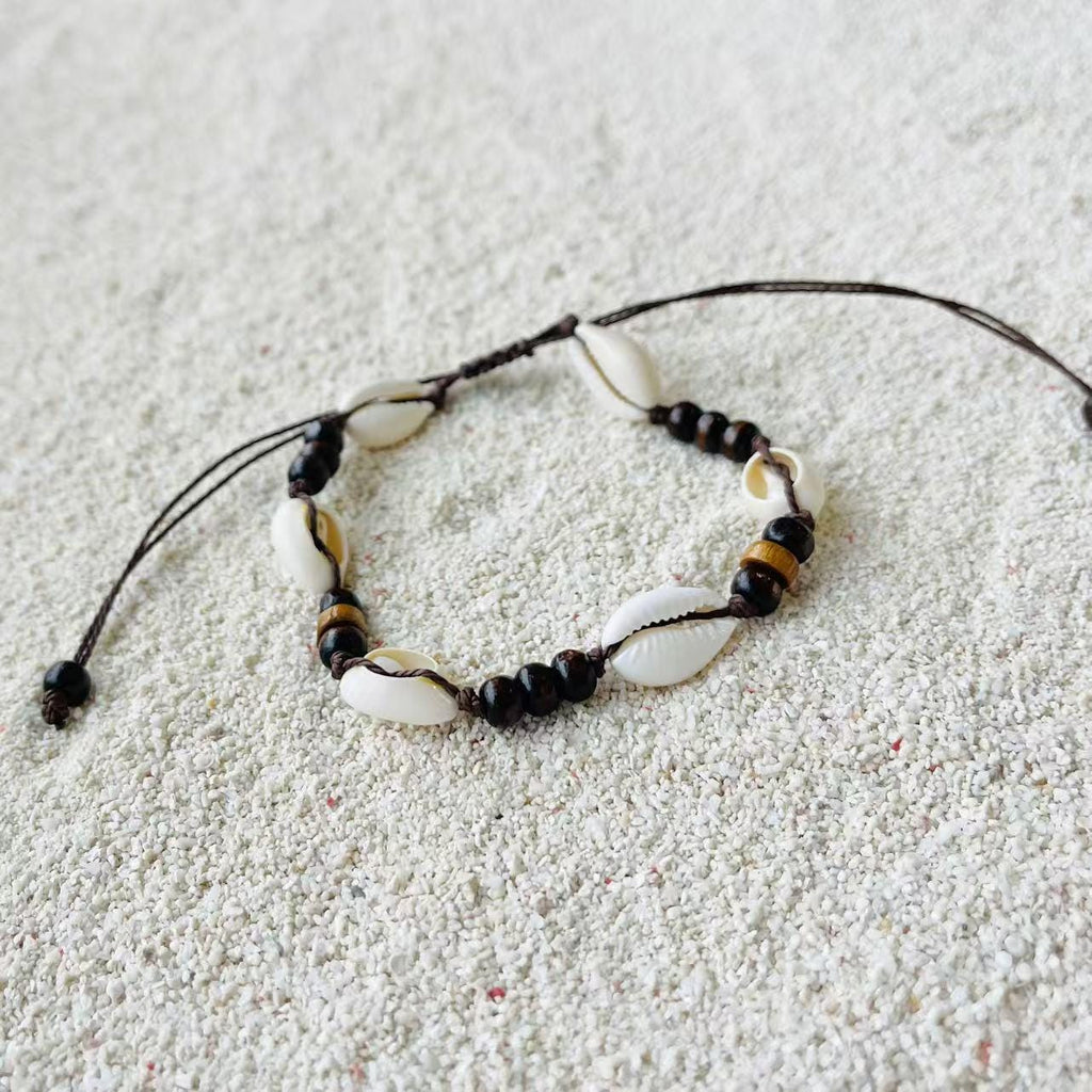 Cowrie Shell and Wood Bead Anklet