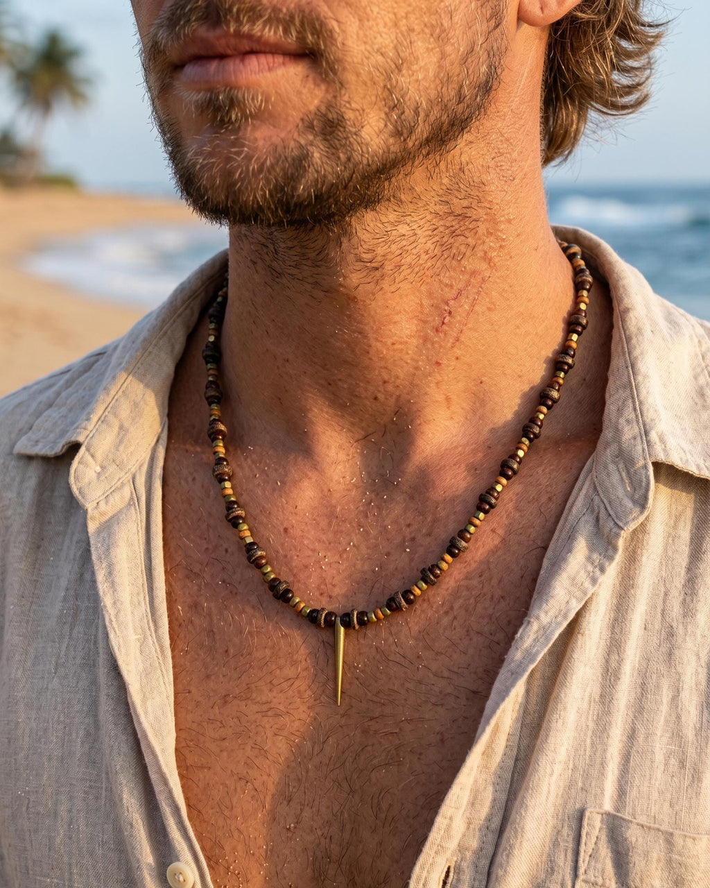 Gold Spike Pendant Bead Necklace