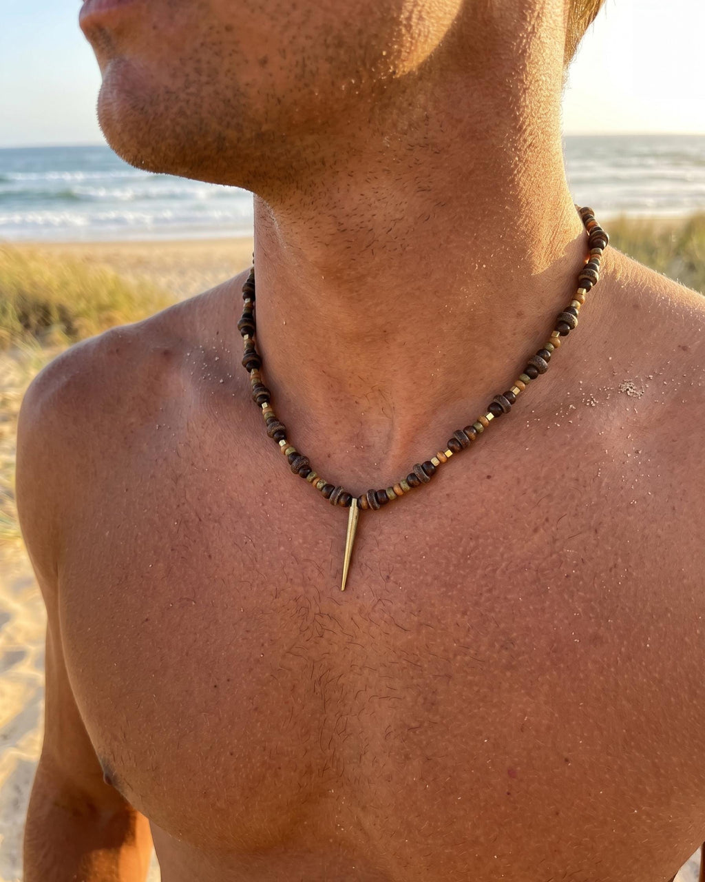 Gold Spike Pendant Bead Necklace