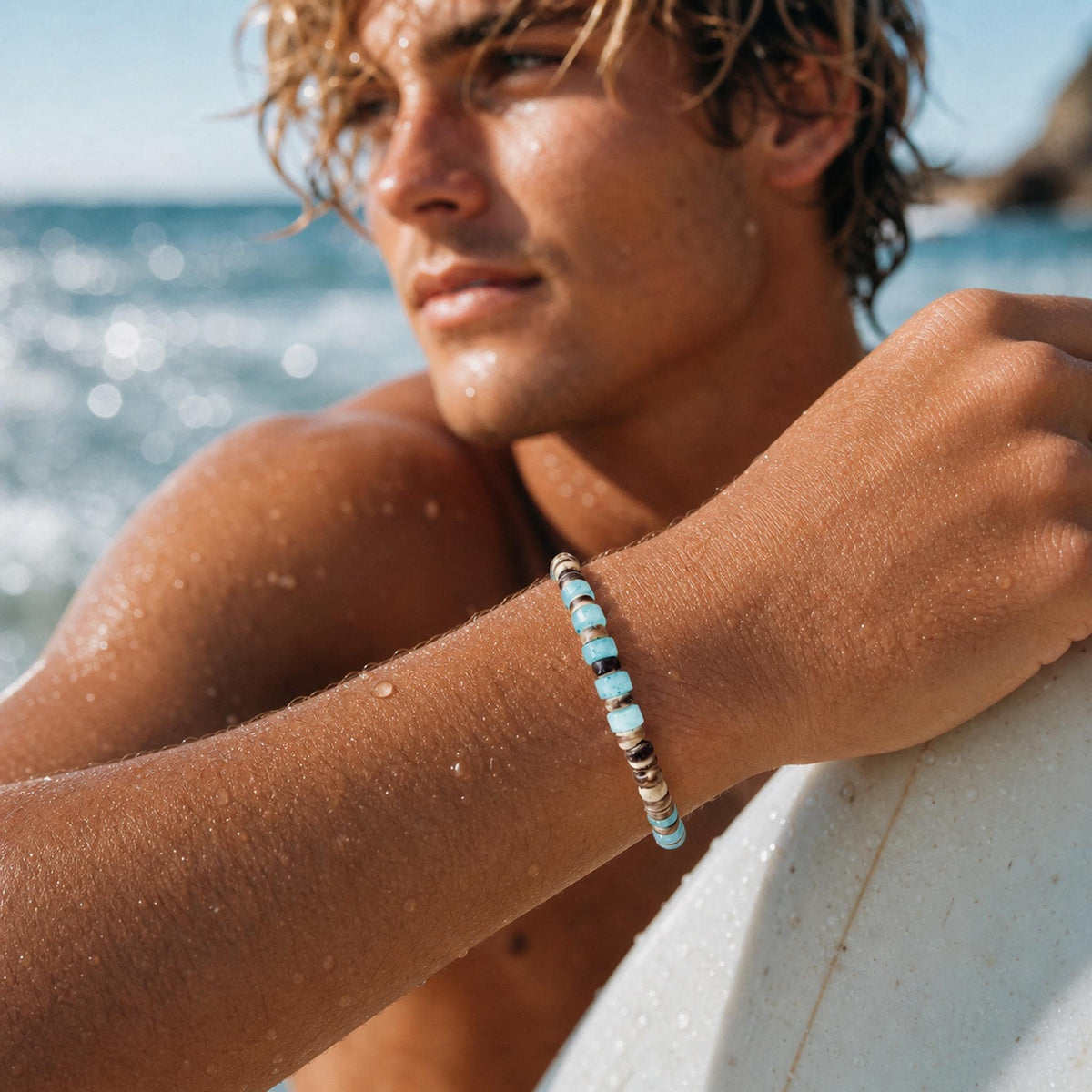 Coconut Shell and Aqua Glass Bracelet