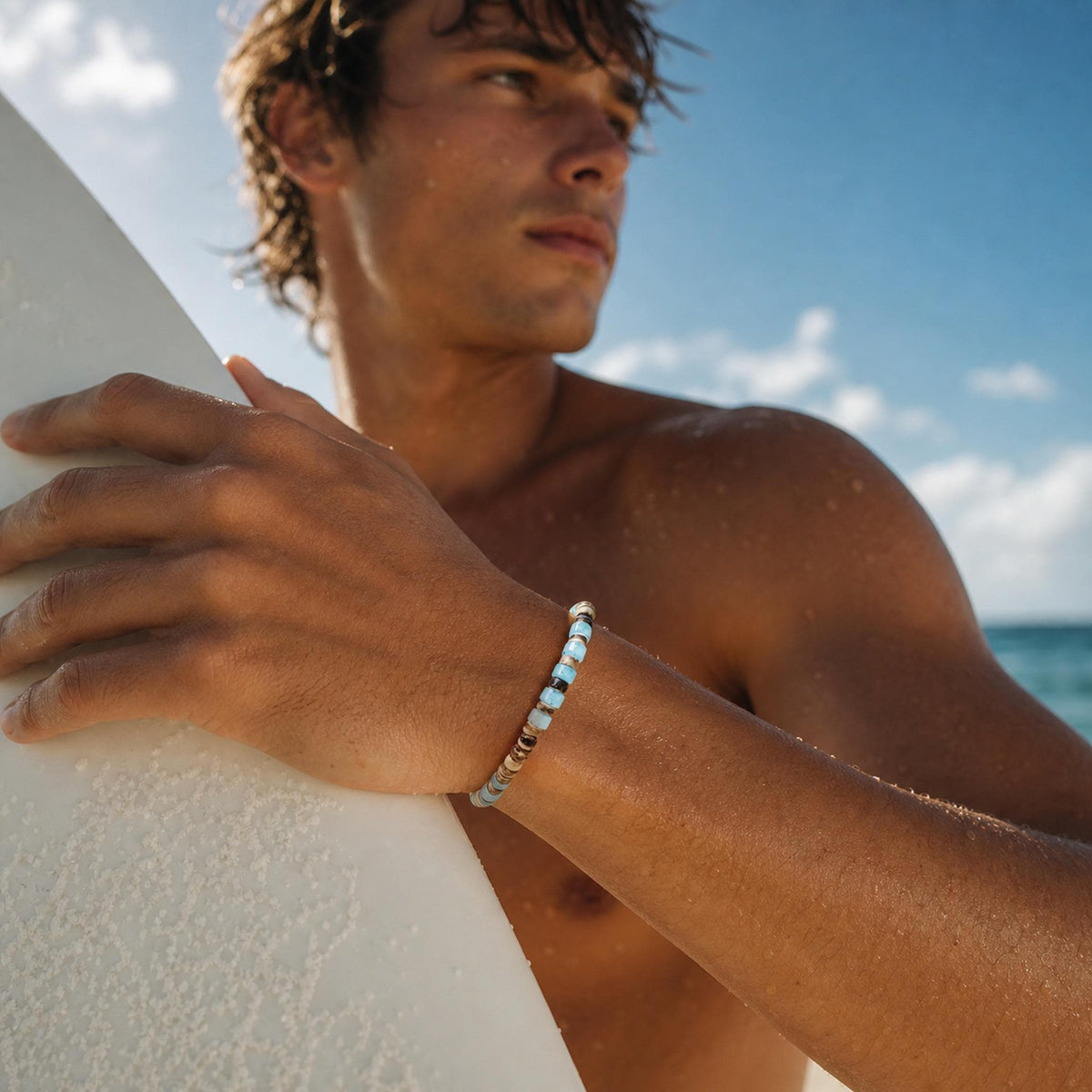 Coconut Shell and Aqua Glass Bracelet