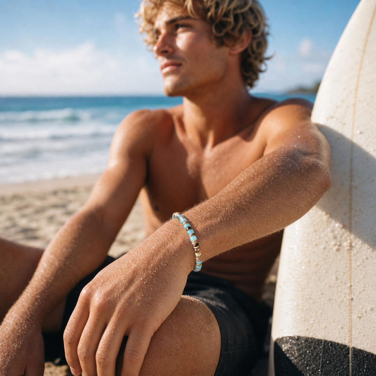 Coconut Shell and Aqua Glass Bracelet