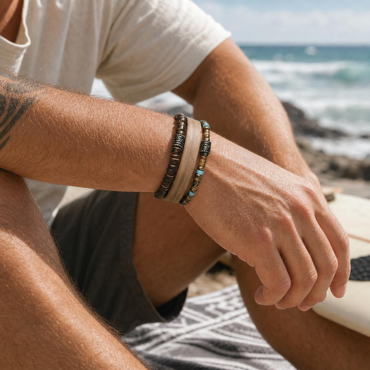 Leather Cuff and Bead Bracelet Stack