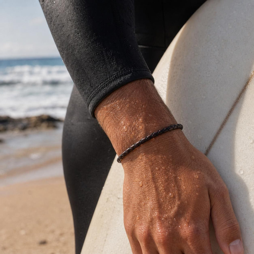 Black Bead and Braided Leather Bracelet Set