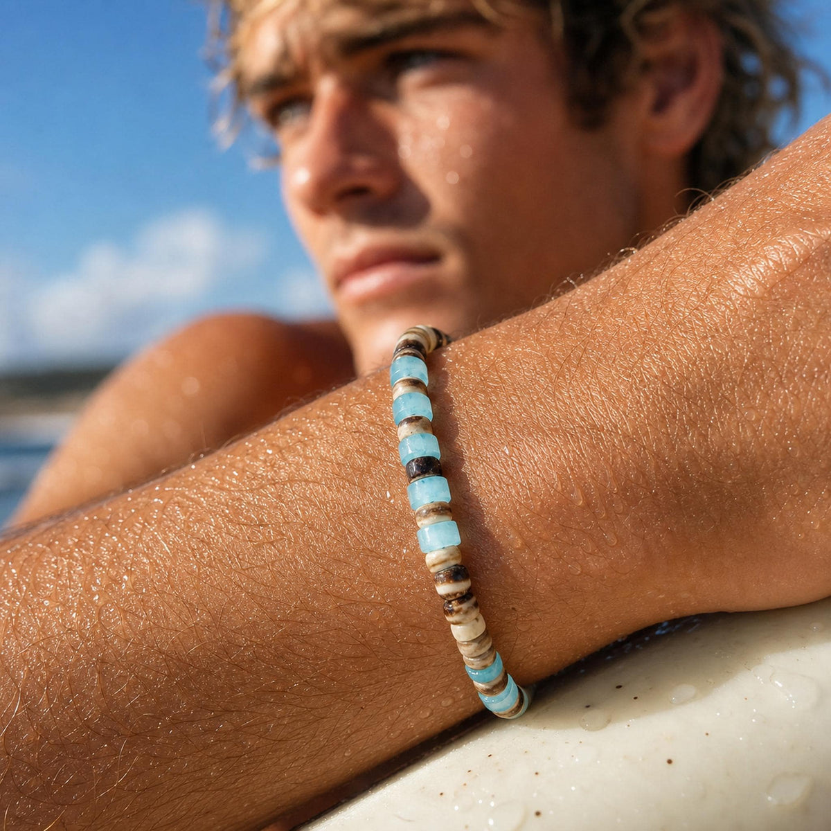 Coconut Shell and Aqua Glass Bracelet