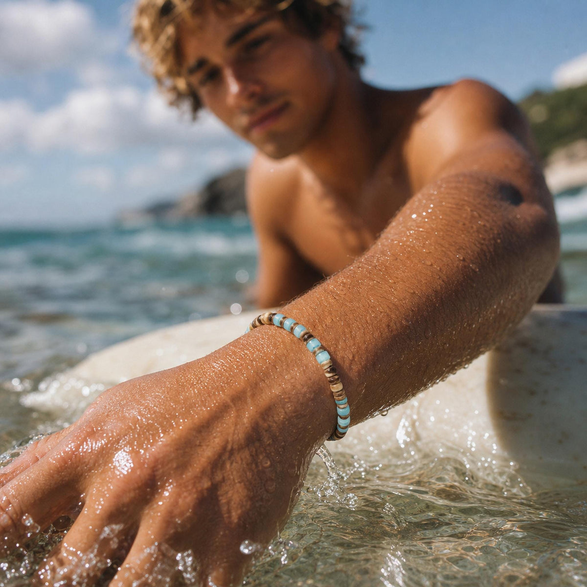 Coconut Shell and Aqua Glass Bracelet