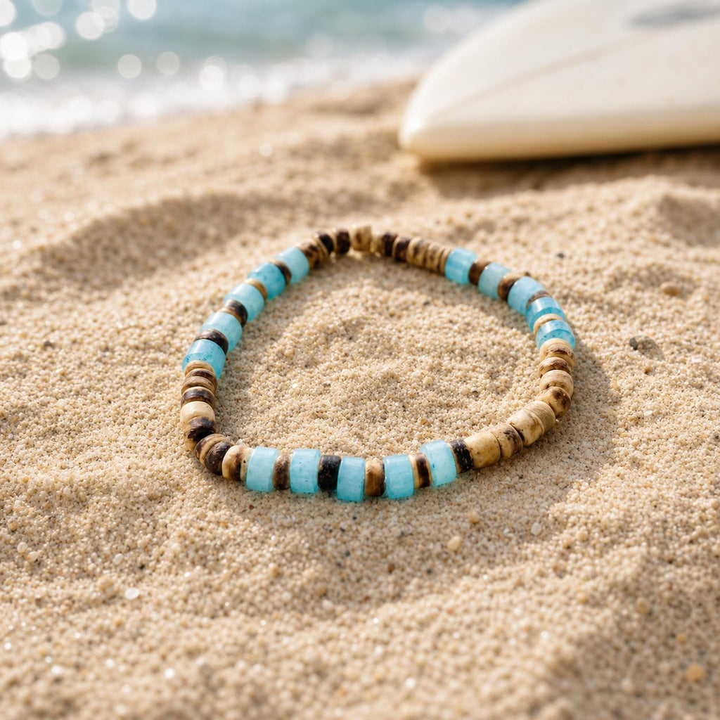 Coconut Shell and Aqua Glass Bracelet