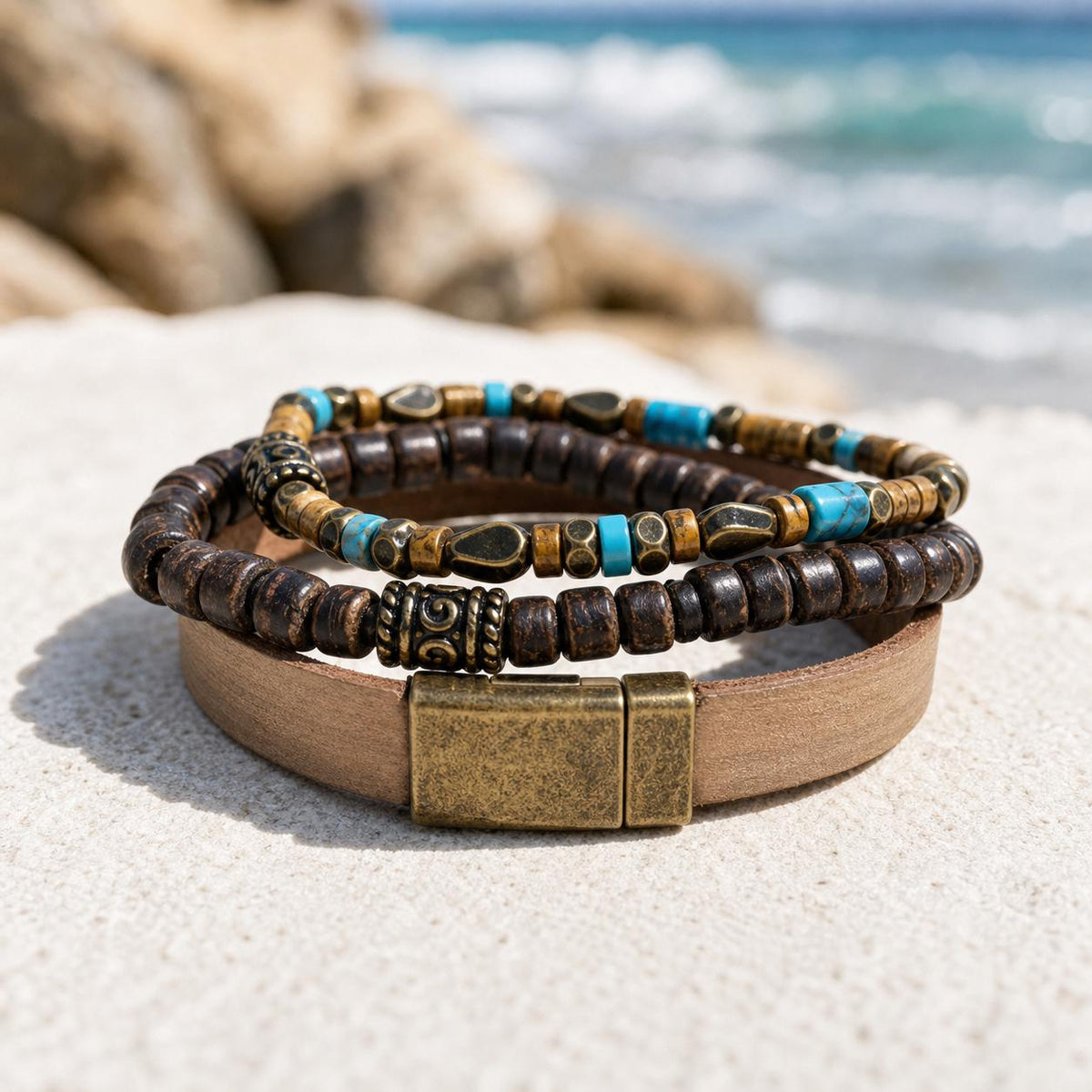 Leather Cuff and Bead Bracelet Stack