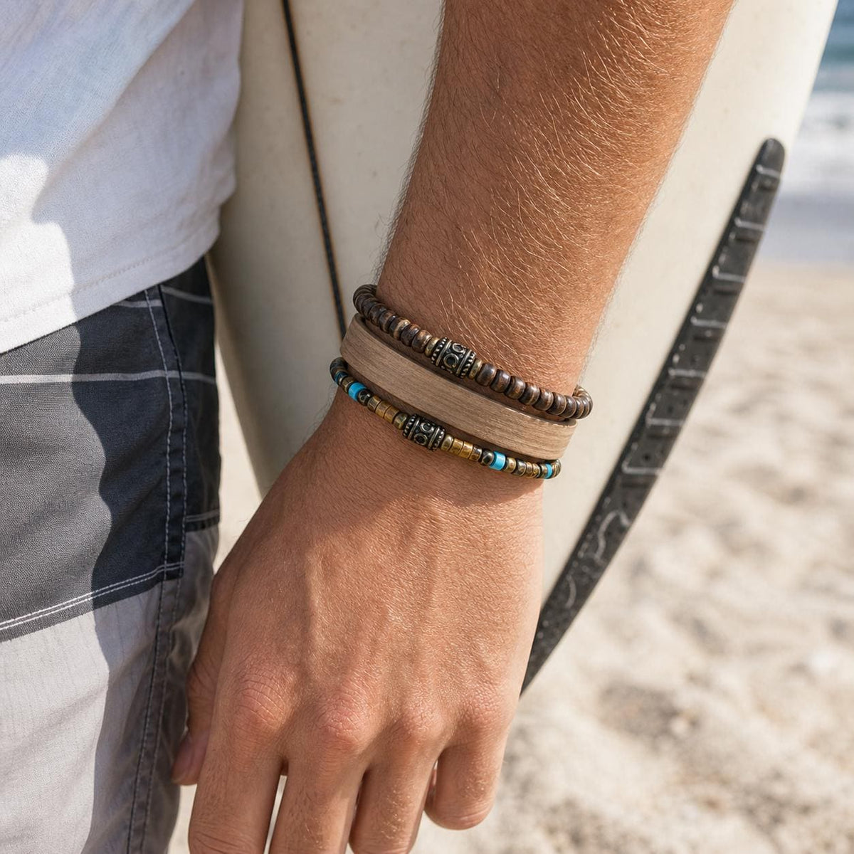 Leather Cuff and Bead Bracelet Stack