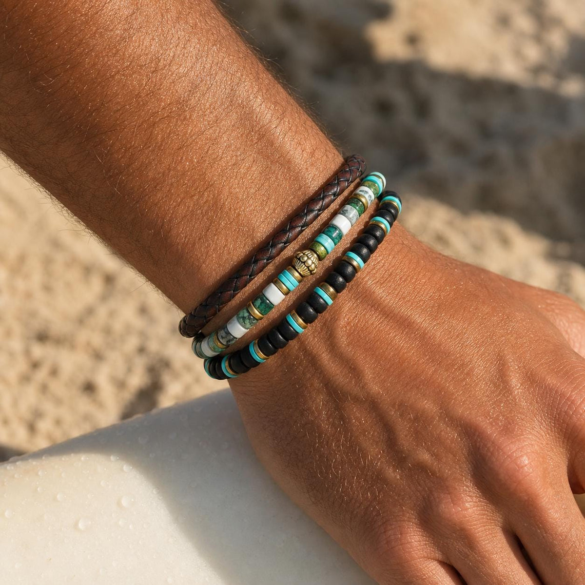 Black Bead and Braided Leather Bracelet Set