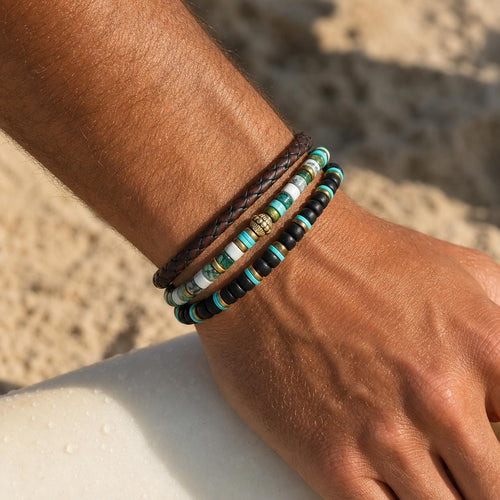 Black Bead and Braided Leather Bracelet Set