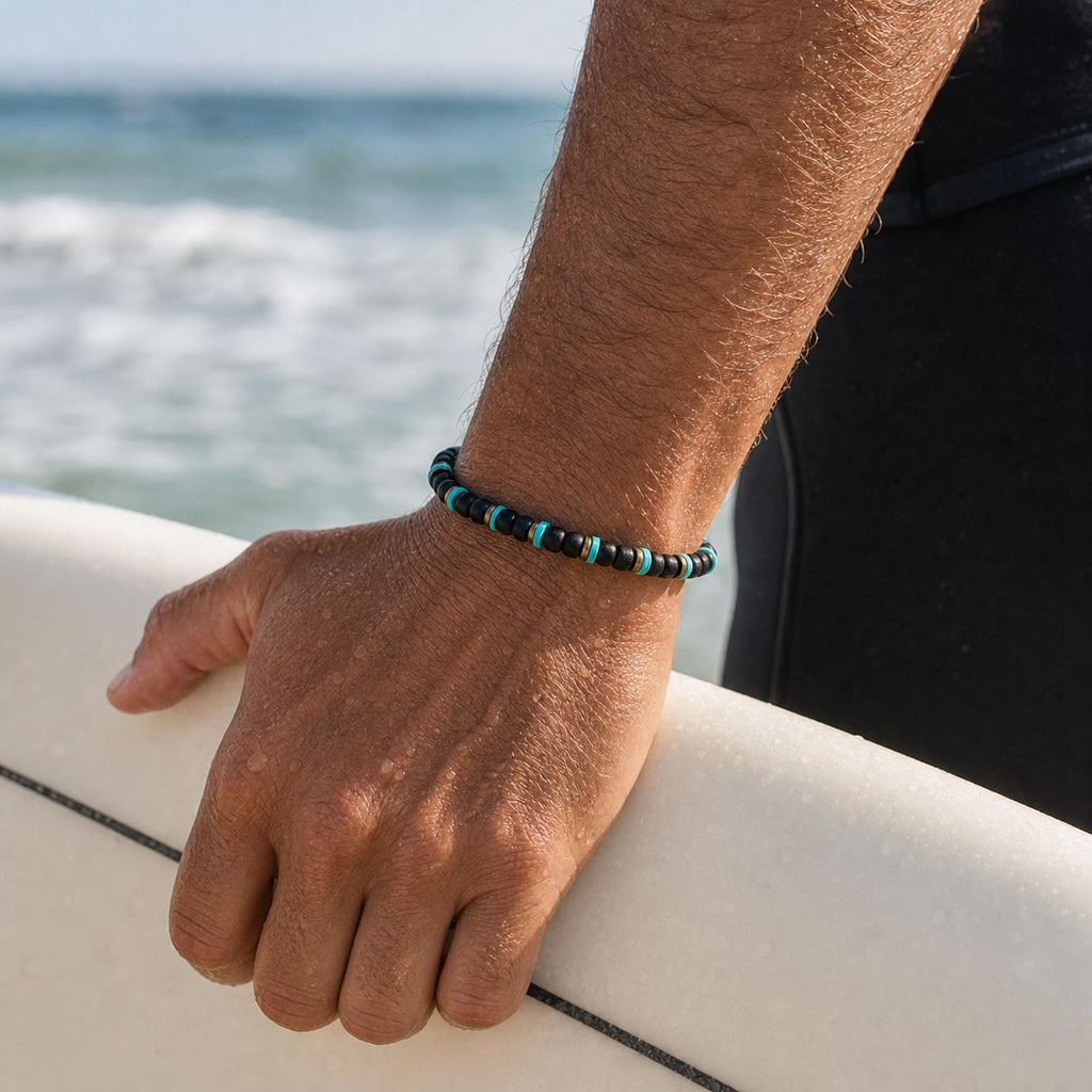 Black Bead and Braided Leather Bracelet Set