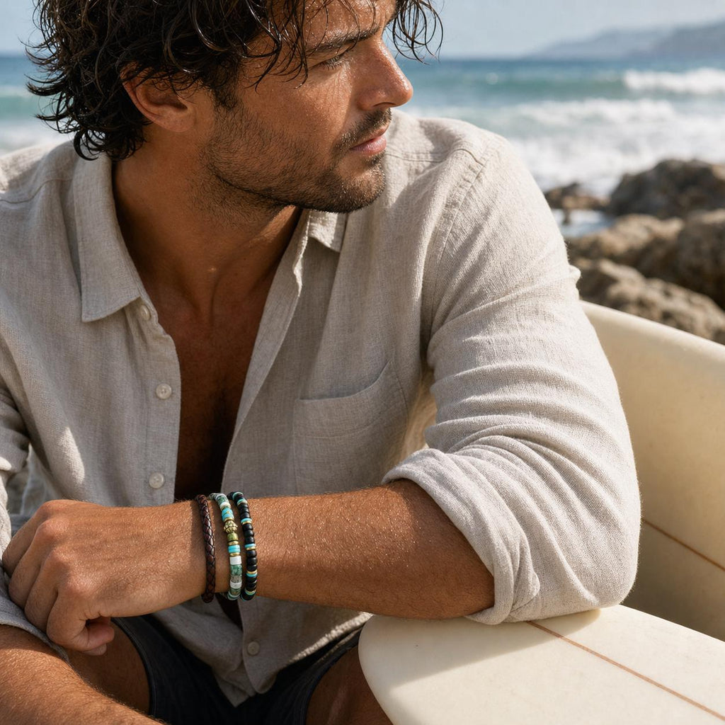 Black Bead and Braided Leather Bracelet Set