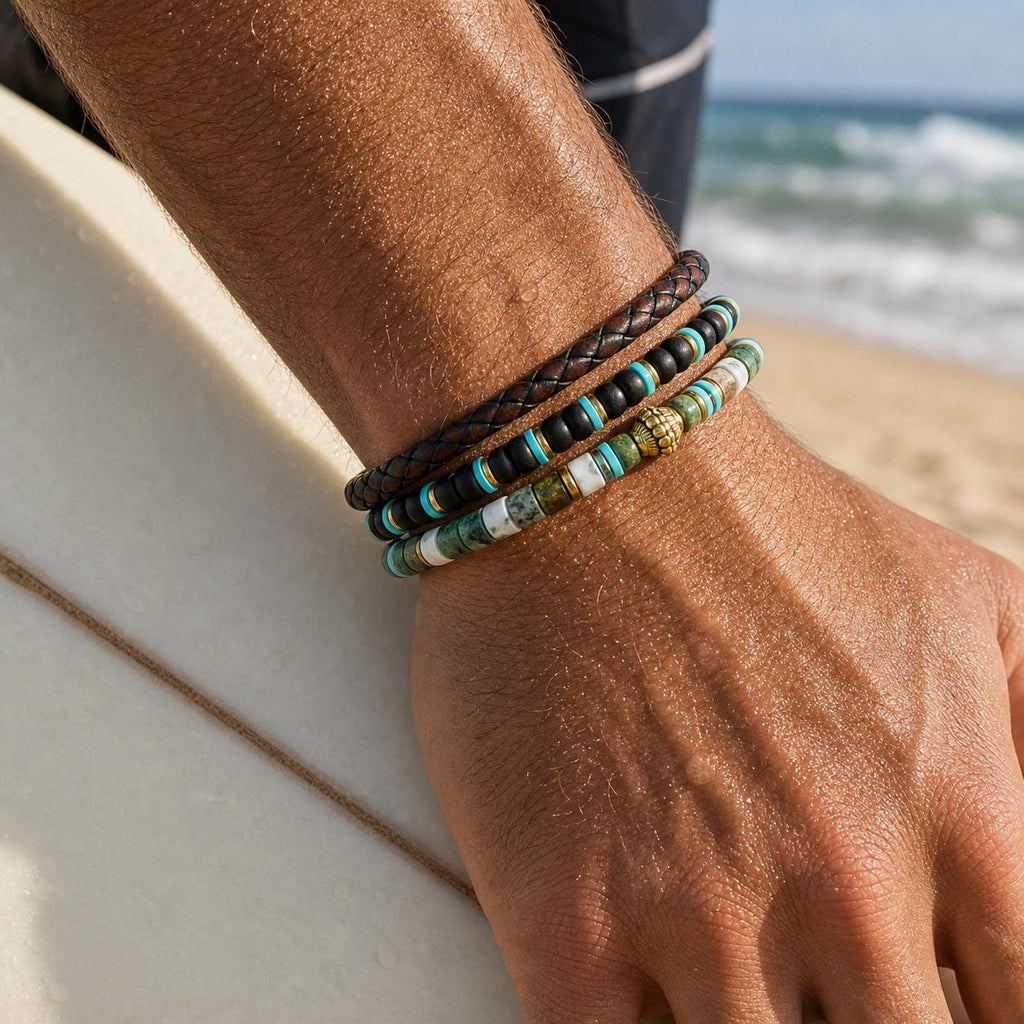 Black Bead and Braided Leather Bracelet Set