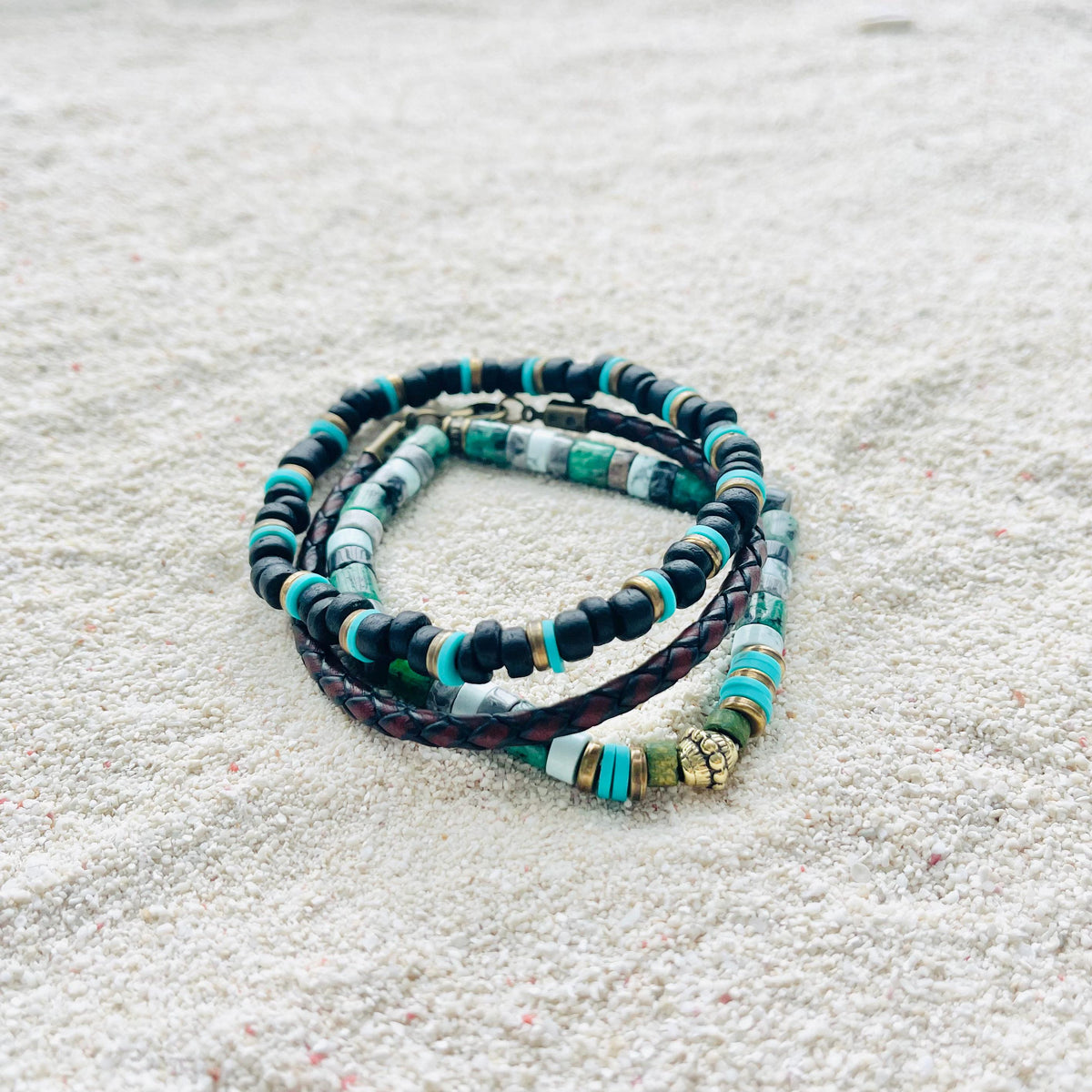Black Bead and Braided Leather Bracelet Set