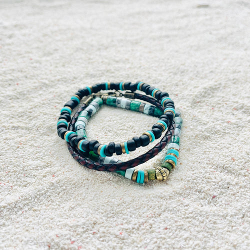 Black Bead and Braided Leather Bracelet Set