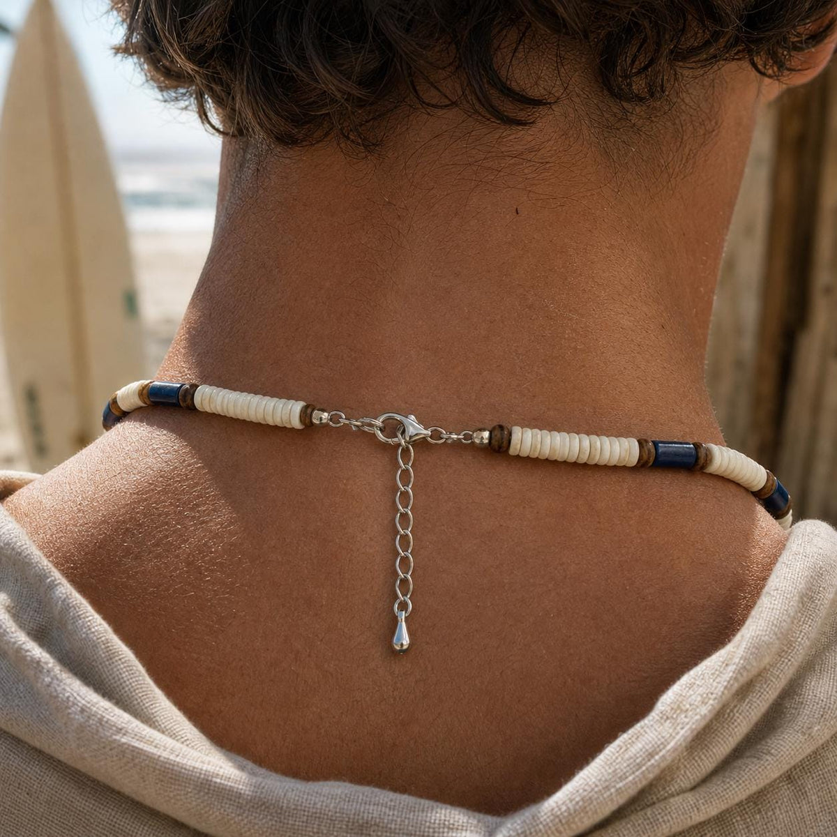 Off-White Wood and Navy Stone Bead Choker