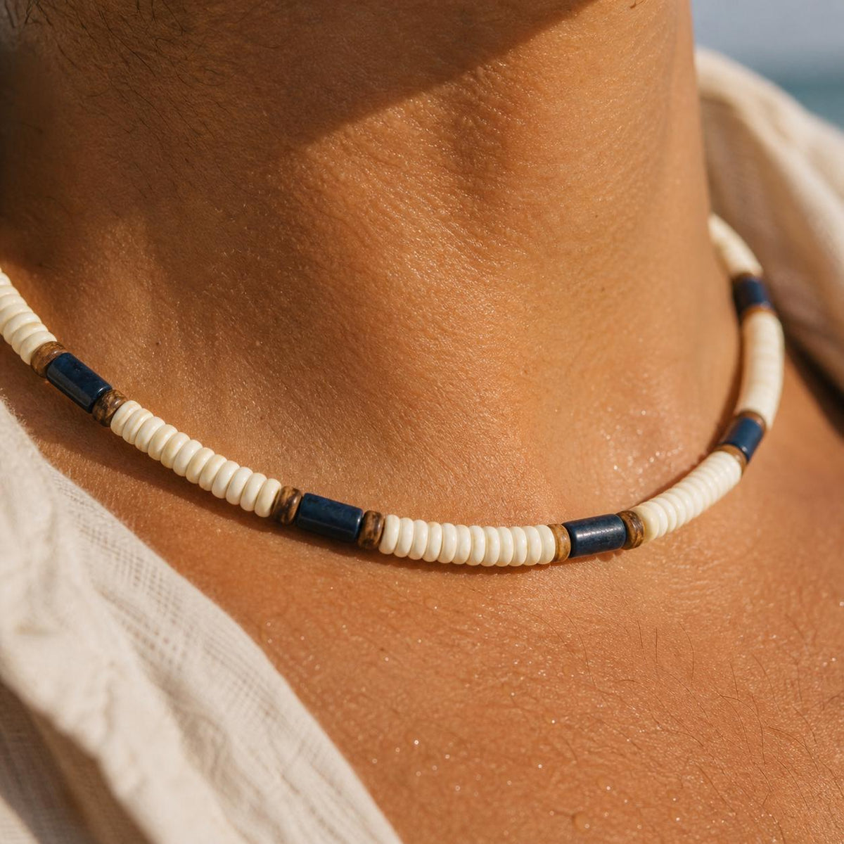 Off-White Wood and Navy Stone Bead Choker