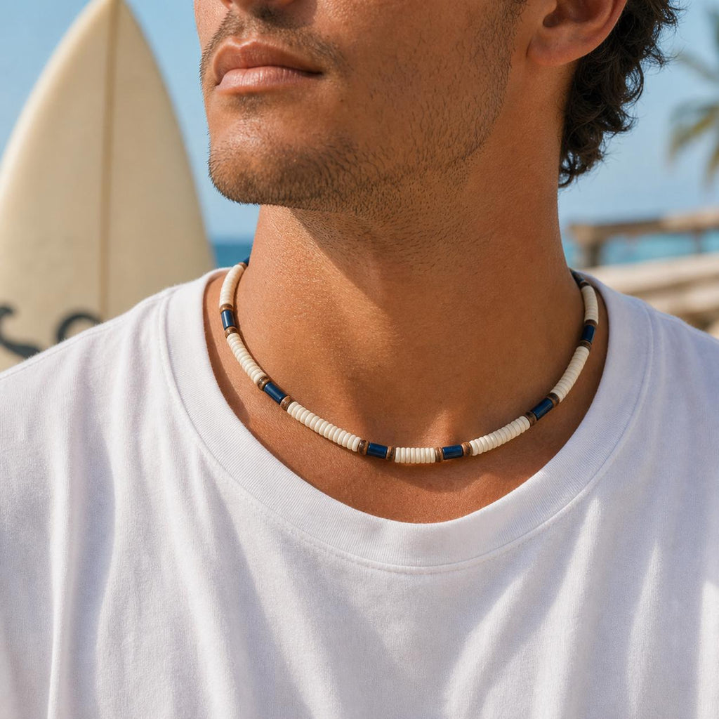 Off-White Wood and Navy Stone Bead Choker