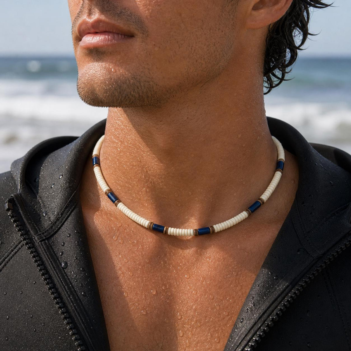 Off-White Wood and Navy Stone Bead Choker