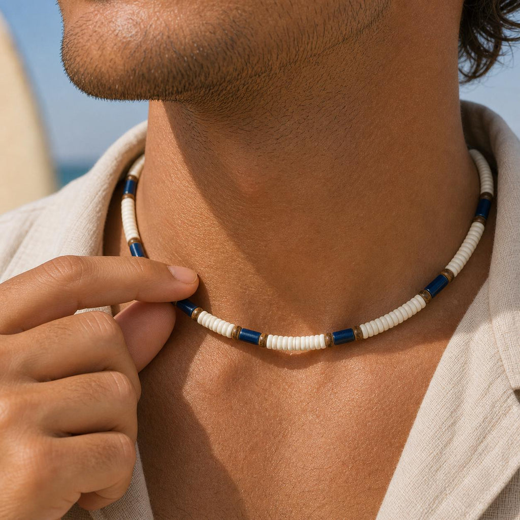 Off-White Wood and Navy Stone Bead Choker