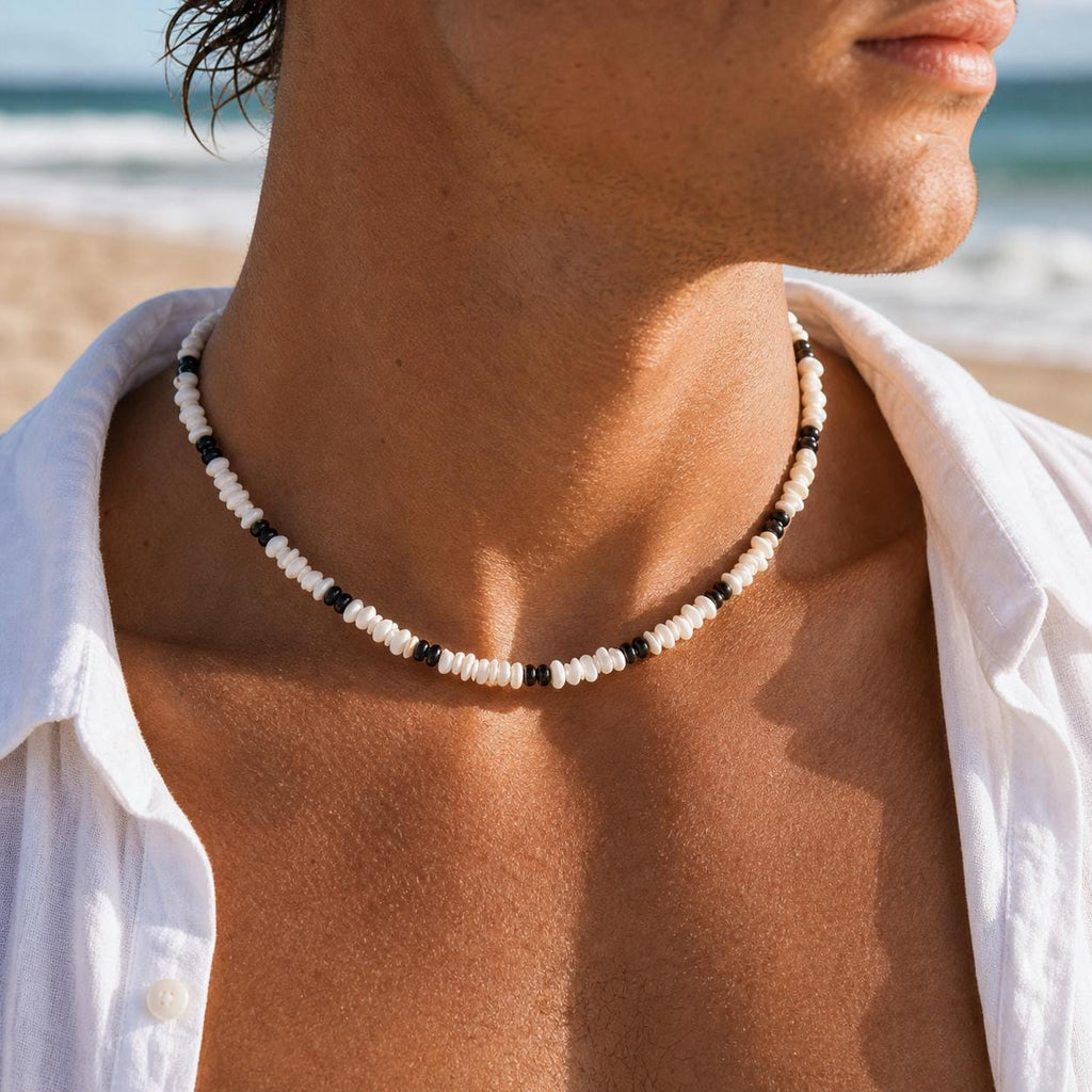 White Shell Chip and Black Bead Choker