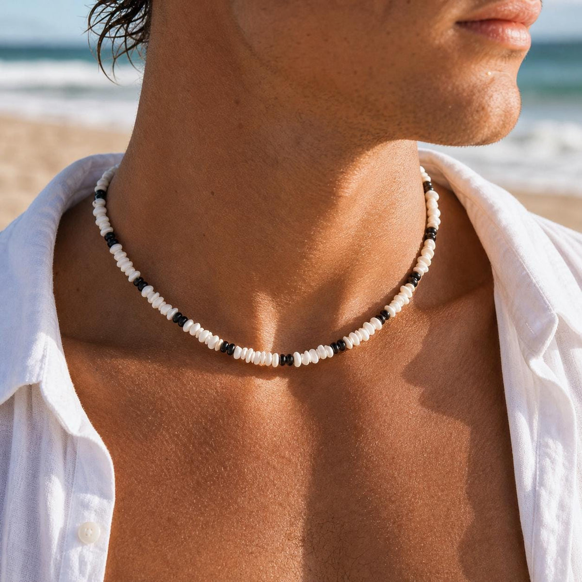 White Shell Chip and Black Bead Choker