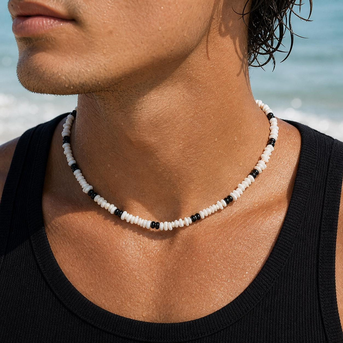 White Shell Chip and Black Bead Choker