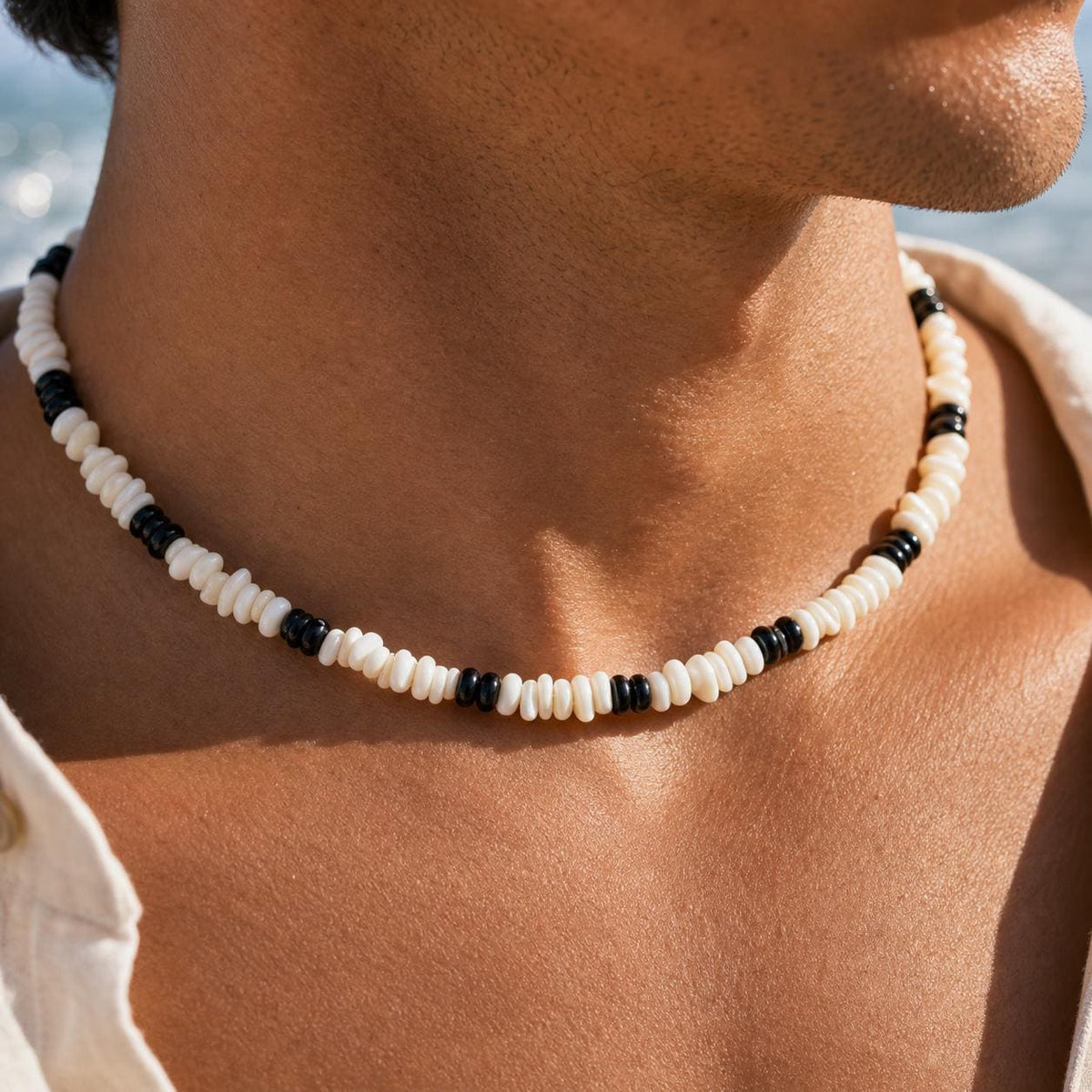 White Shell Chip and Black Bead Choker