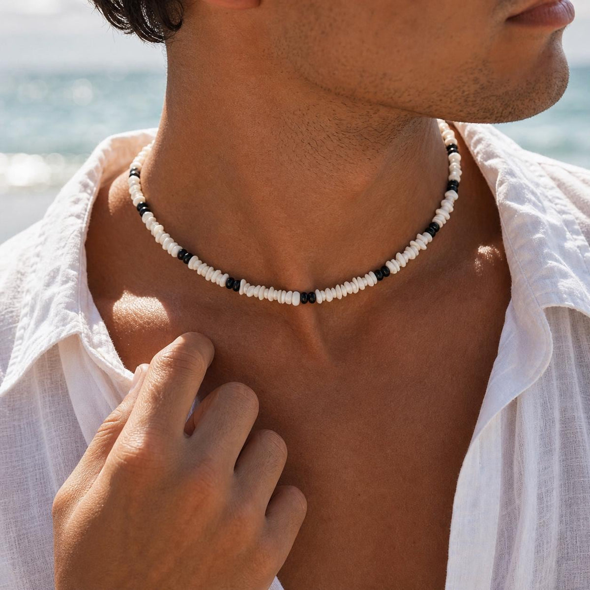 White Shell Chip and Black Bead Choker