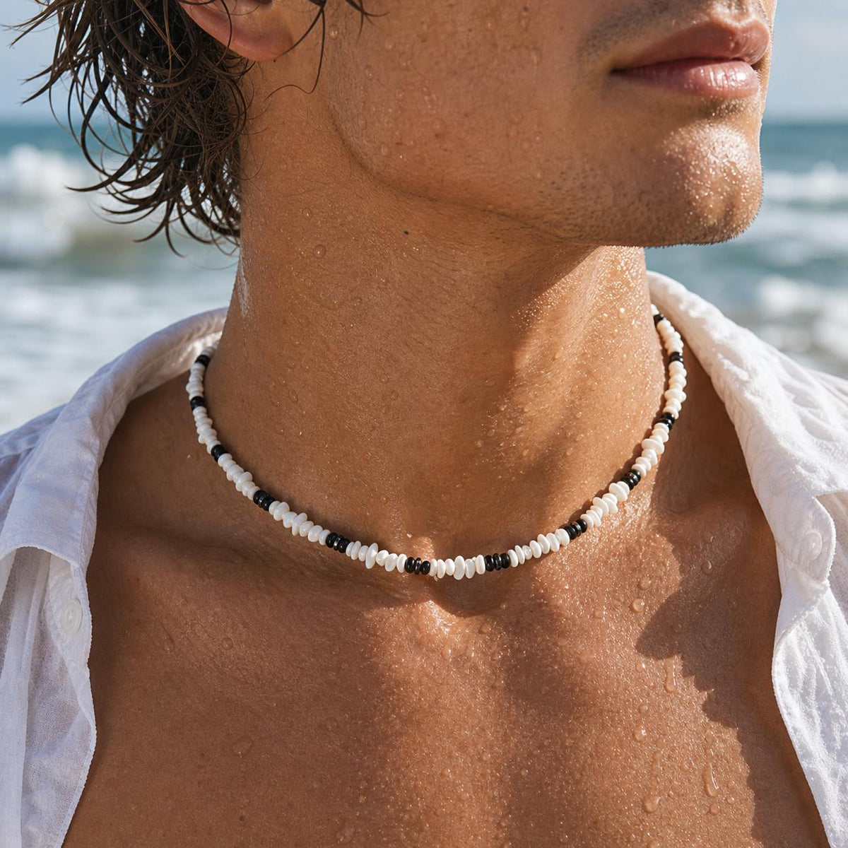 White Shell Chip and Black Bead Choker