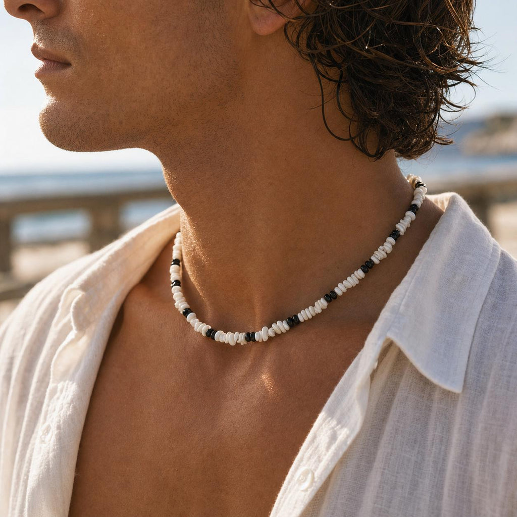 White Shell Chip and Black Bead Choker