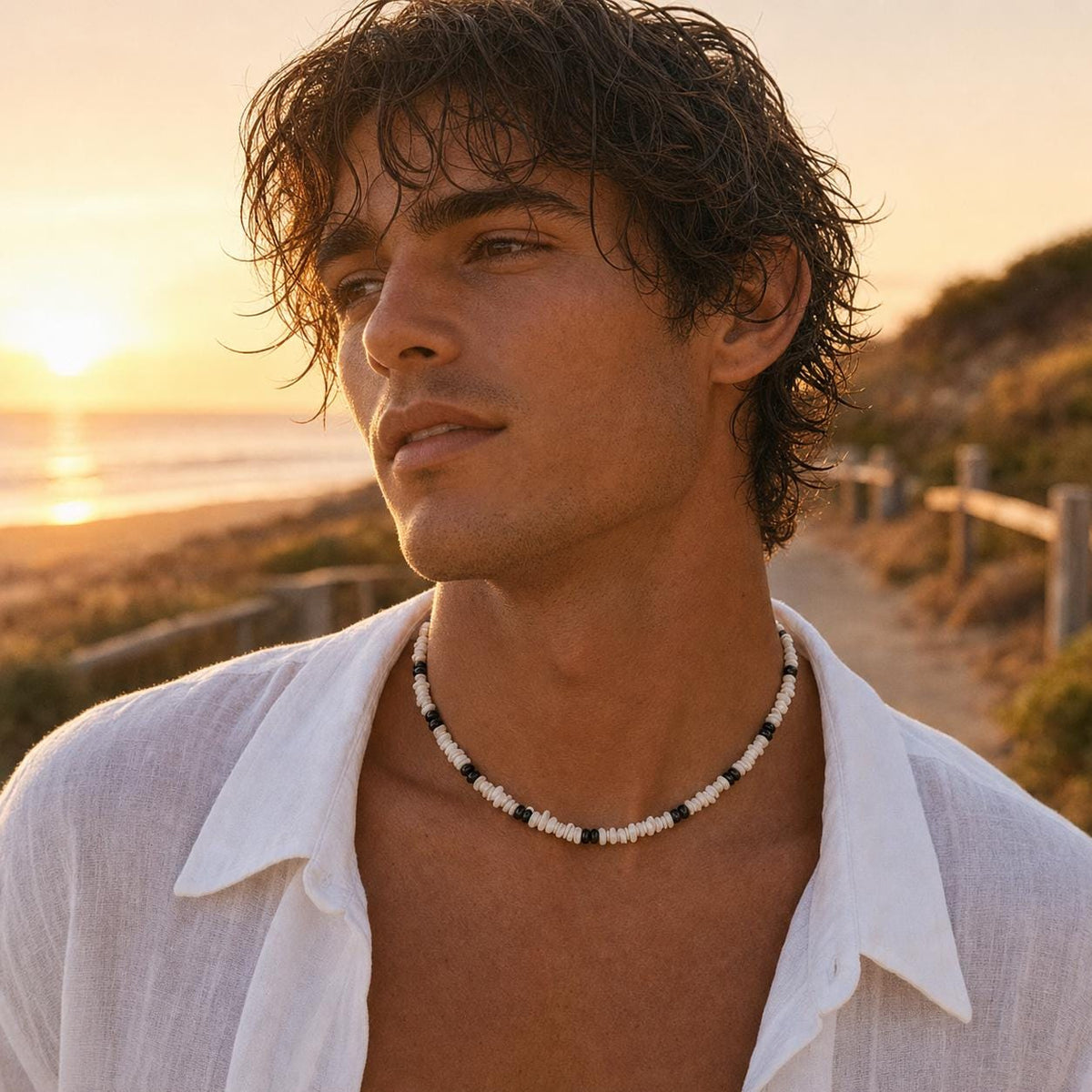 White Shell Chip and Black Bead Choker