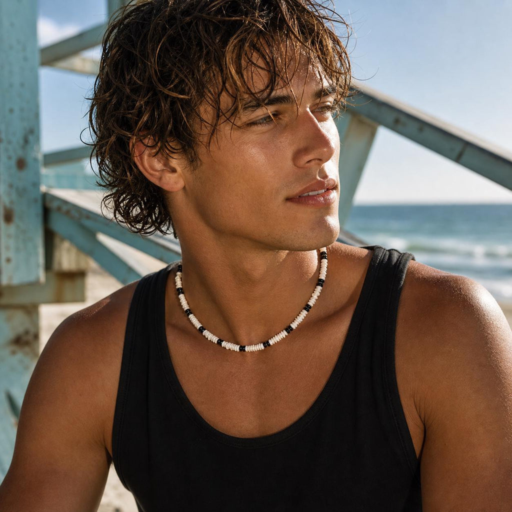 White Shell Chip and Black Bead Choker