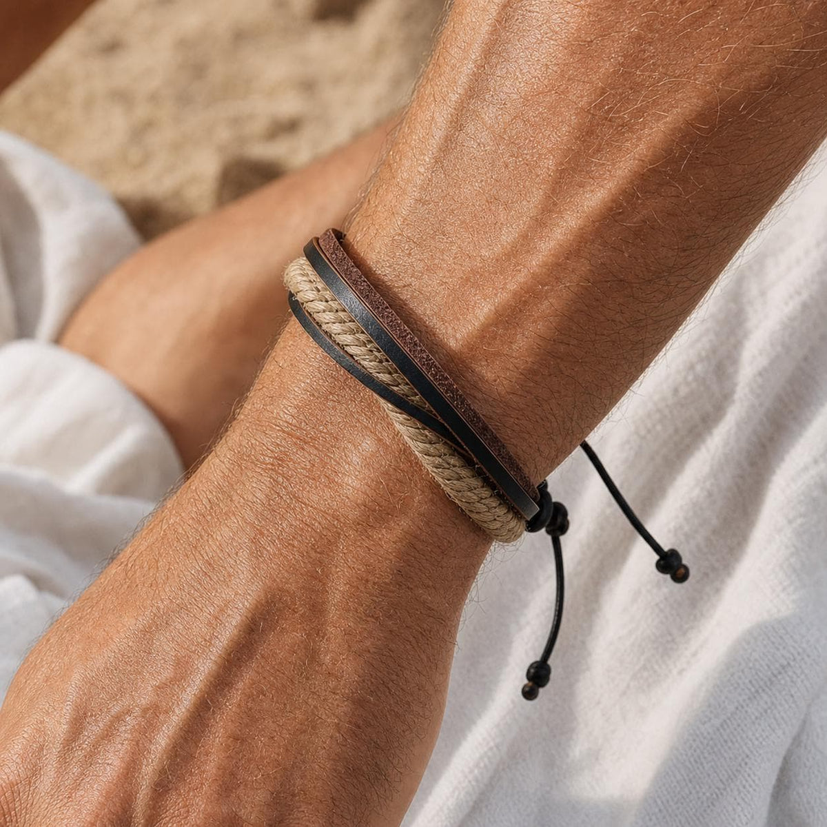 Braided Rope and Faux Leather Bracelet