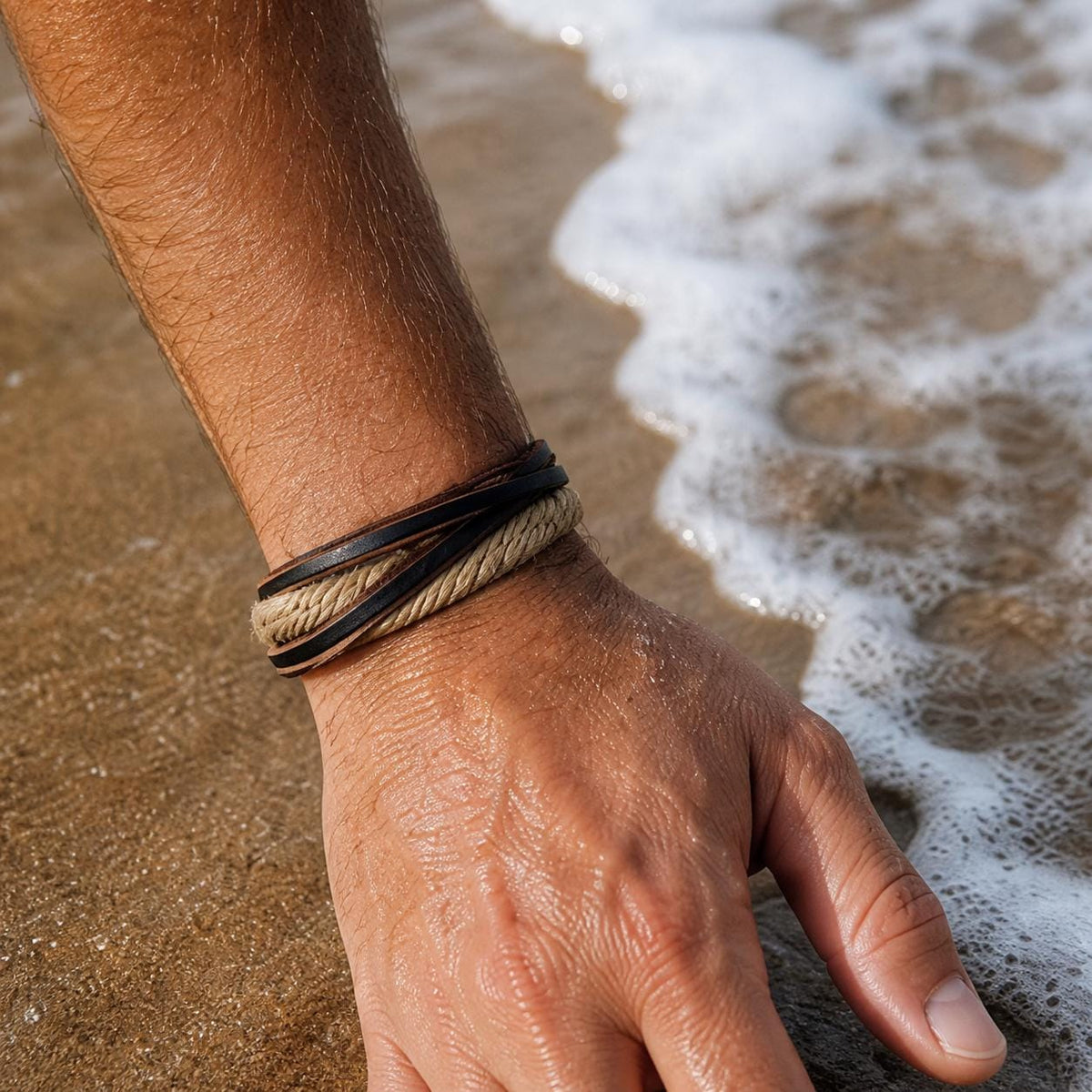 Braided Rope and Faux Leather Bracelet