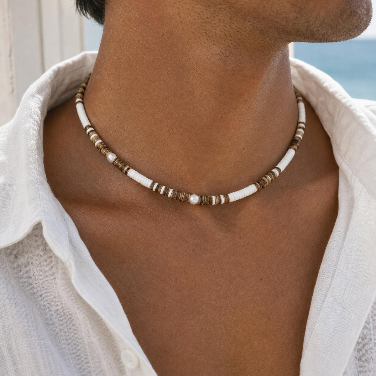 Coconut Shell and Faux Pearl Choker