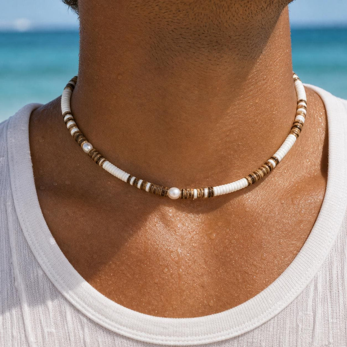 Coconut Shell and Faux Pearl Choker